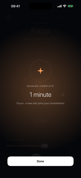 Session complete screen — a new star joins your constellation