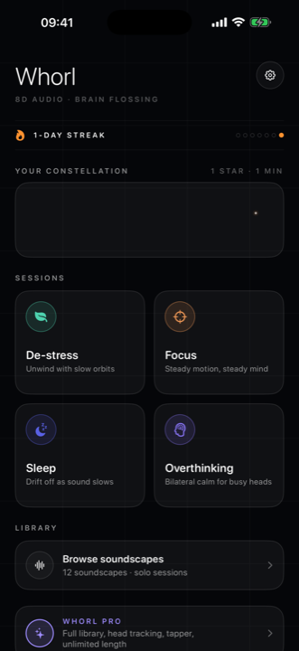 Whorl home screen with goals and your constellation of completed sessions